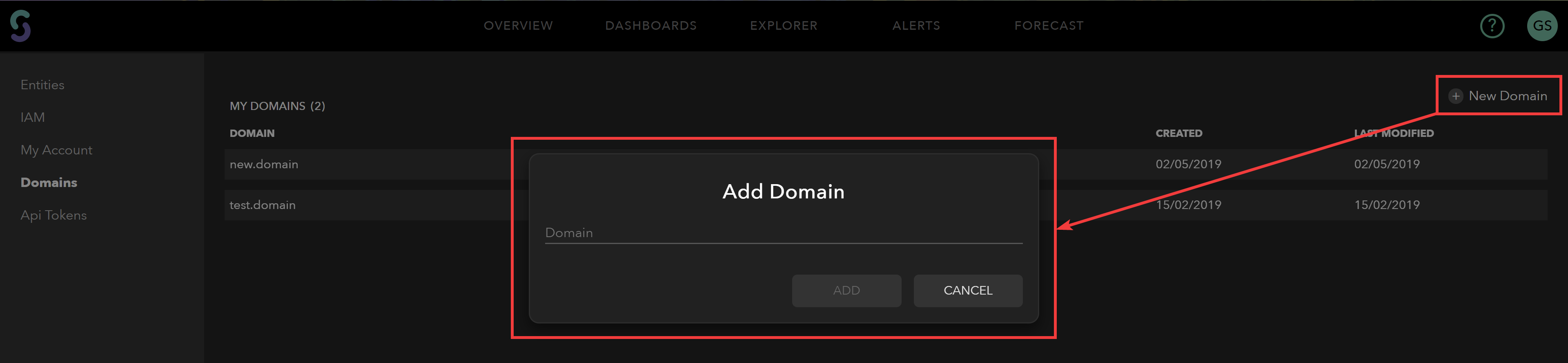 Screenshot of option Add Domain