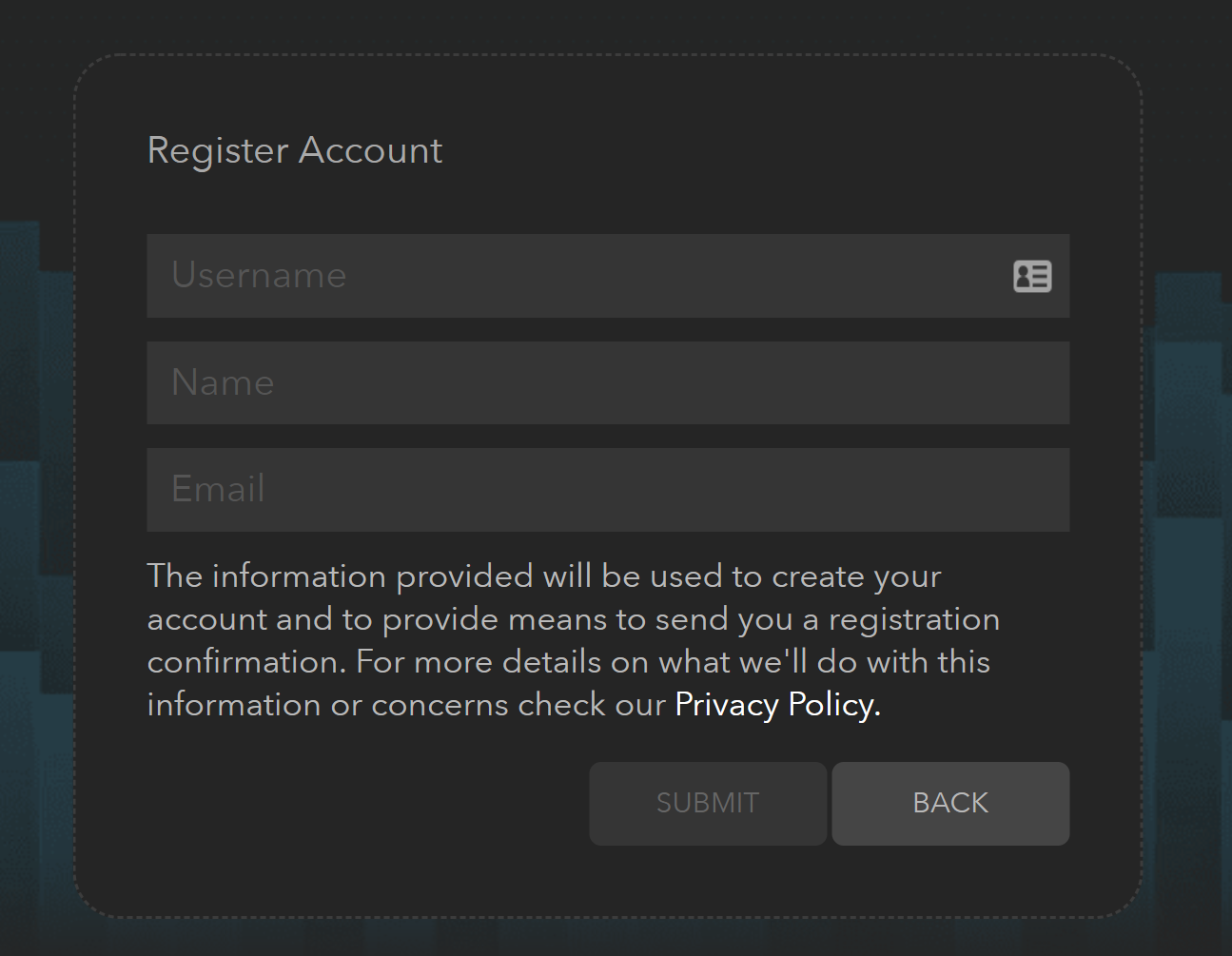 Screenshot of register account
